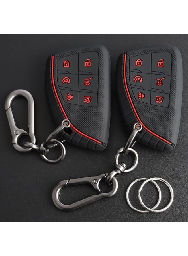 TANDRIVE Key Fob Cover for 2025 2024-2021 Chevy Tahoe Suburban GMC Yukon, 6 Button, Silicone, 2-Pack, Red Button, Black - Image 1