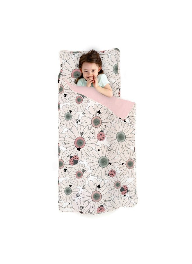 JumpOff Jo - Extra Long Toddler Nap Mat for Preschool, Daycare and Kindergarten - Sleeping Bag for Kids with Removable Pillow and Ultra Soft Blanket - Floral, Daisy Bug - Image 1