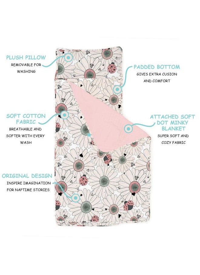 JumpOff Jo - Extra Long Toddler Nap Mat for Preschool, Daycare and Kindergarten - Sleeping Bag for Kids with Removable Pillow and Ultra Soft Blanket - Floral, Daisy Bug - Image 1