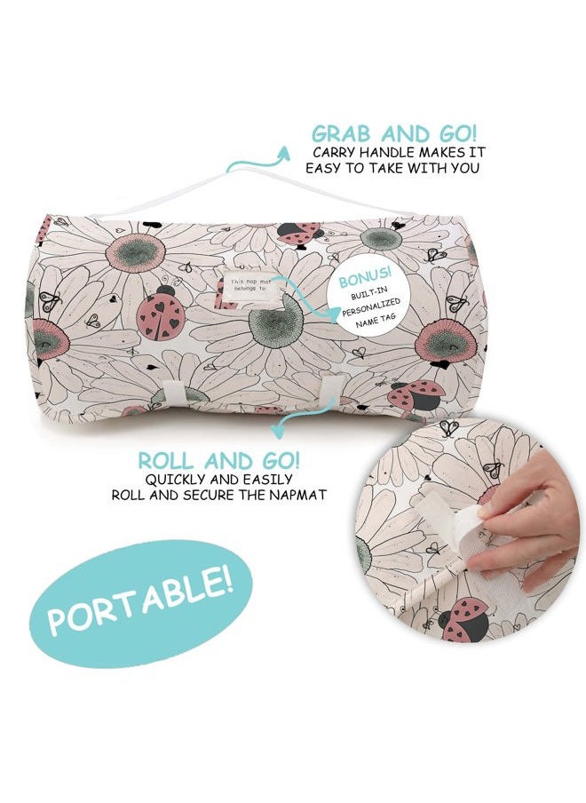 JumpOff Jo - Extra Long Toddler Nap Mat for Preschool, Daycare and Kindergarten - Sleeping Bag for Kids with Removable Pillow and Ultra Soft Blanket - Floral, Daisy Bug - Image 1