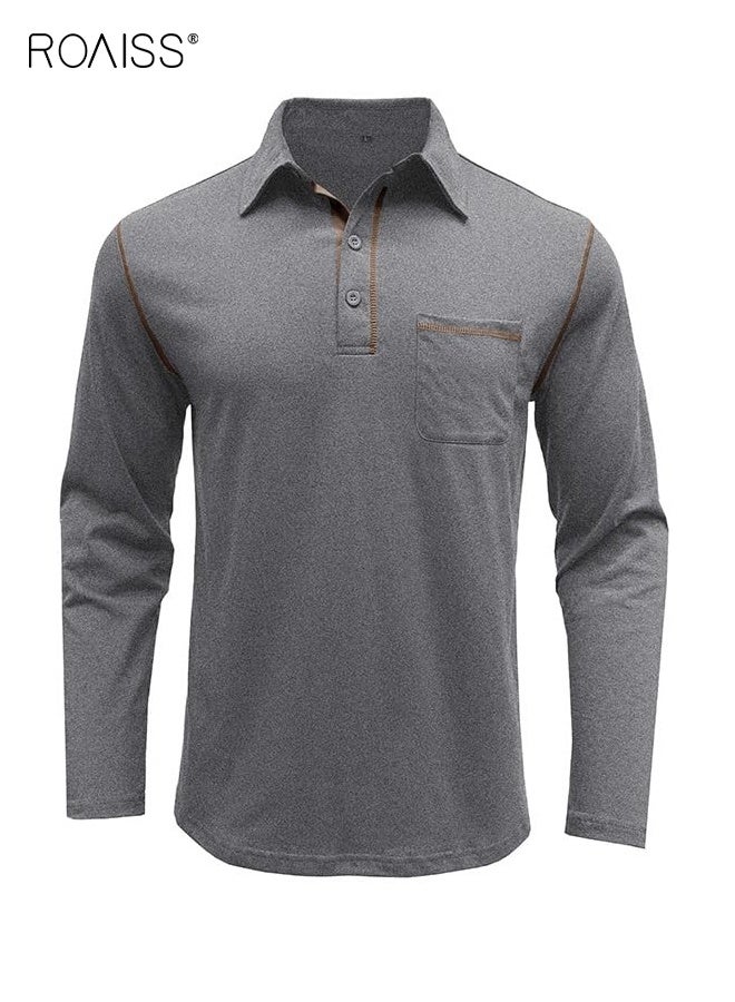 رويس قميص بولو رجالي كاجوال بأكمام طويلة وأزرار أساسية وقمصان جولف خفيفة الوزن من القطن مع جيب - Image 2