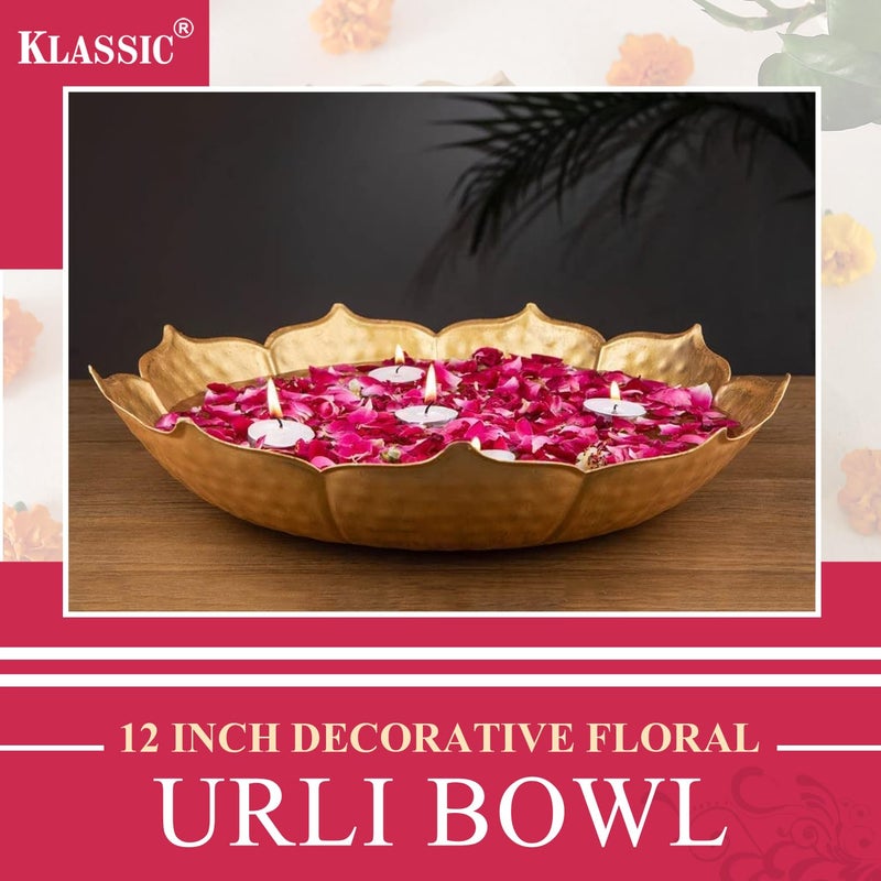 Klassic 12Inch Decorative Floral Urli Bowl | for Floating Flowers & Tea Light Candles | Diwali Decoration Items for Home | Metal | (Glossy Golden,Pack of 1) - Image 2