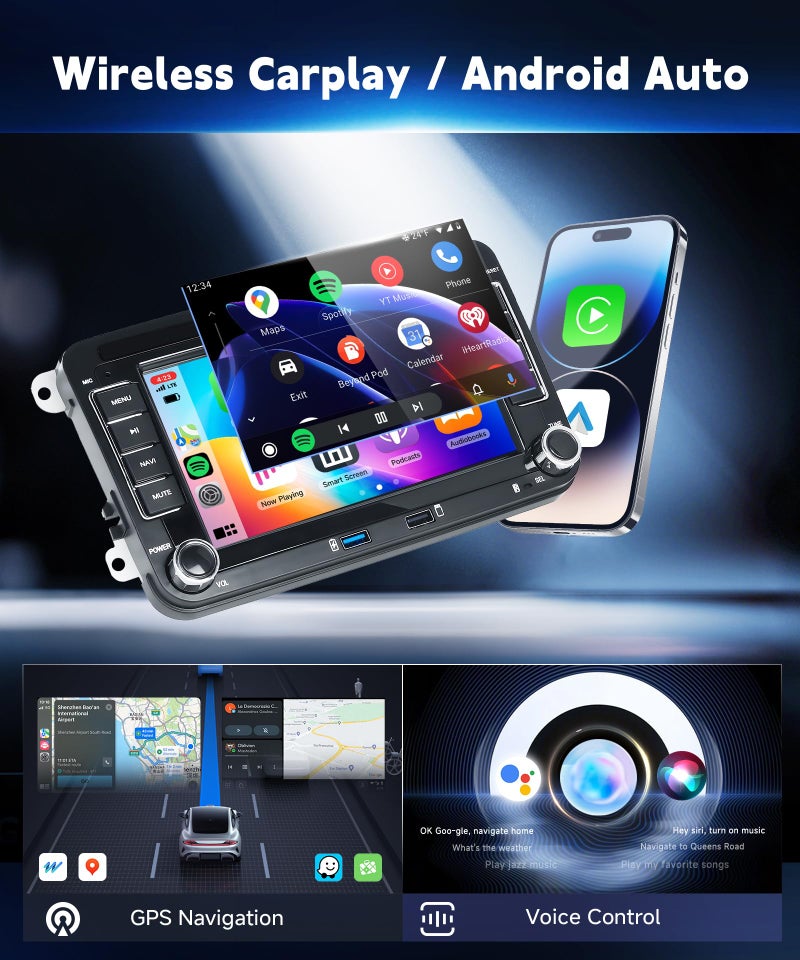 METEESER 7â€³ Android13 Wireless CarPlay & Android Auto Car Stereo for VW Jetta Passat Golf Tiguan 2+64G â€“ Bluetooth, GPS Navigation, Wi-Fi, Backup Camera Included,USB Slot Android Double Din Head Unit - Image 3