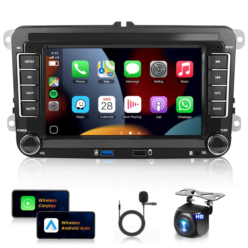 METEESER 7â€³ Android13 Wireless CarPlay & Android Auto Car Stereo for VW Jetta Passat Golf Tiguan 2+64G â€“ Bluetooth, GPS Navigation, Wi-Fi, Backup Camera Included,USB Slot Android Double Din Head Unit - Image 1