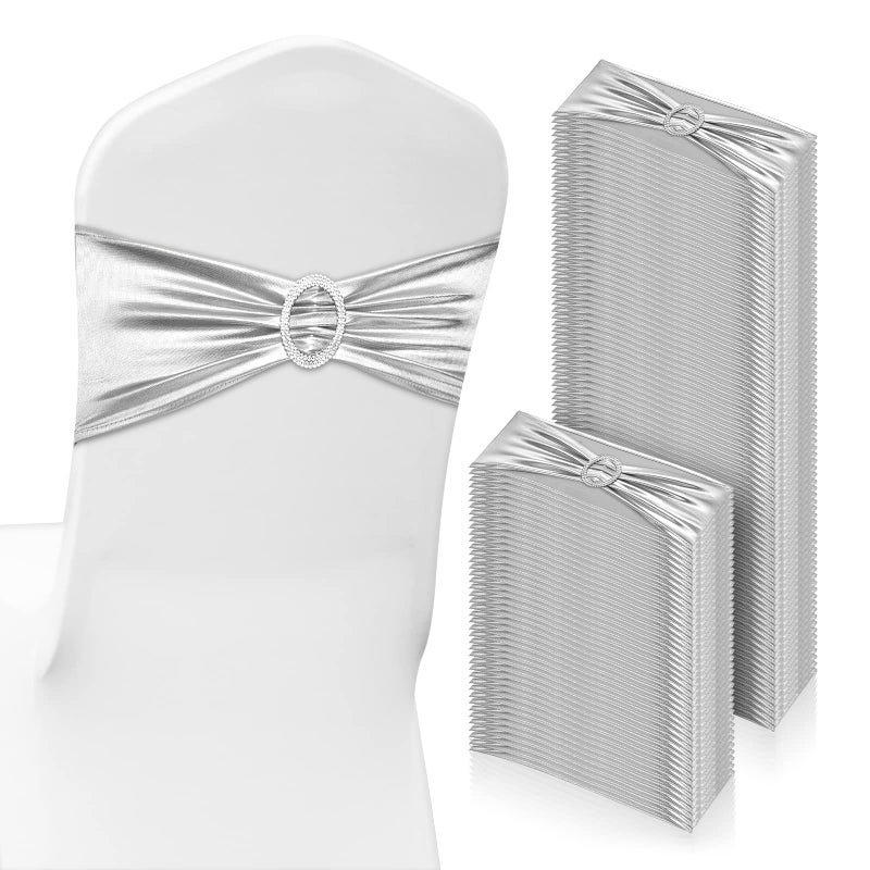CHENGU 150 Pieces Spandex Stretch Chair Sashes Bows Elastic Chair Cover Bands Ties with Buckle Slider for Wedding Party Reception Events Universal Ceremony Banquet Decorations Silver