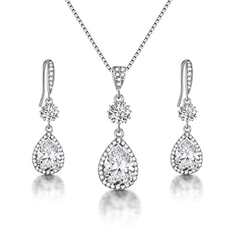 AMYJANE Bridal Jewelry Set for Wedding - Teardrop Silver Cubic Zirconia Crystal Drop Earrings and Necklace Set for Bride Bridesmaids Mother of Bride Prom Party - Image 1