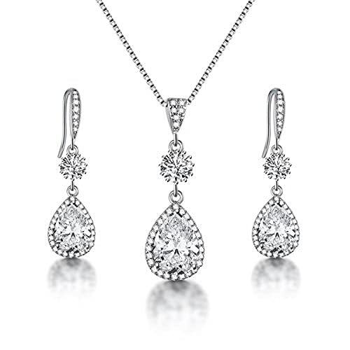 AMYJANE Bridal Jewelry Set for Wedding - Teardrop Silver Cubic Zirconia Crystal Drop Earrings and Necklace Set for Bride Bridesmaids Mother of Bride Prom Party - Image 2