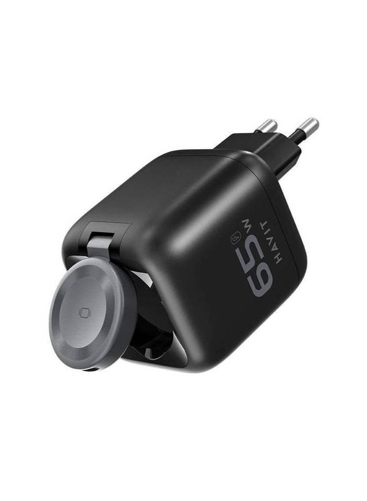HAVIT UC252 65W GaN Travel Charger With Stretch Cable and Watch Charger - Black - Image 1