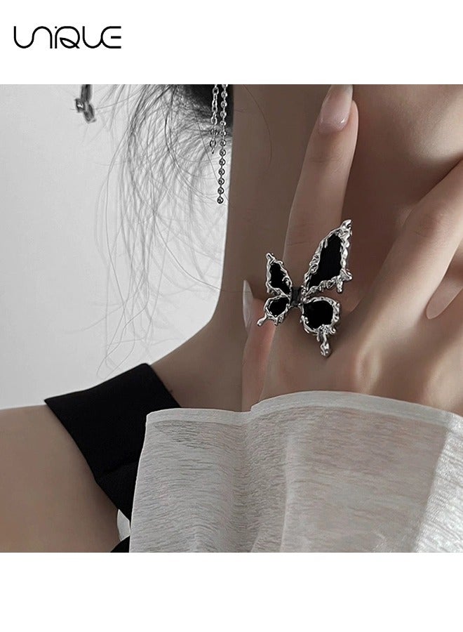 يونيك خواتم - خواتم فراشة عتيقة - تصميم سائل أسود - حلقات مفتوحة قابلة للتعديل حلقات مشتركة قابلة للتوسيع للنساء والفتيات - Image 3