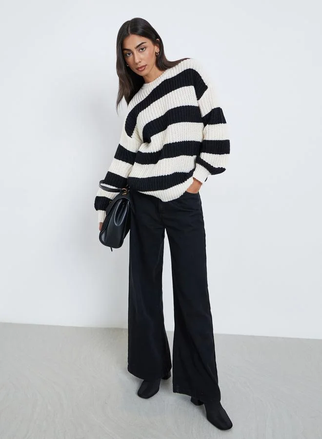 Styli Styli Off-White Striped Oversized Sweater