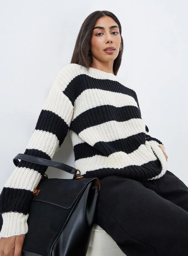 Styli Styli Off-White Striped Oversized Sweater