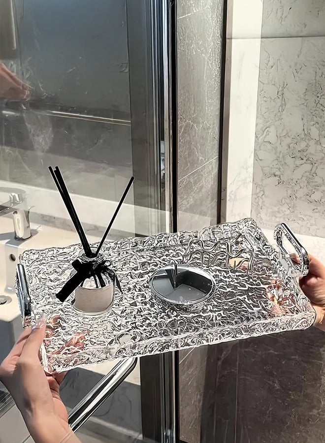 شو وو صواني حمام رمادية شفافة، صينية عطور أكريليك، طاولة مستحضرات تجميل، صينية مستحضرات تجميل للعناية بالبشرة، صينية مناديل، مقبض معدني - Image 1