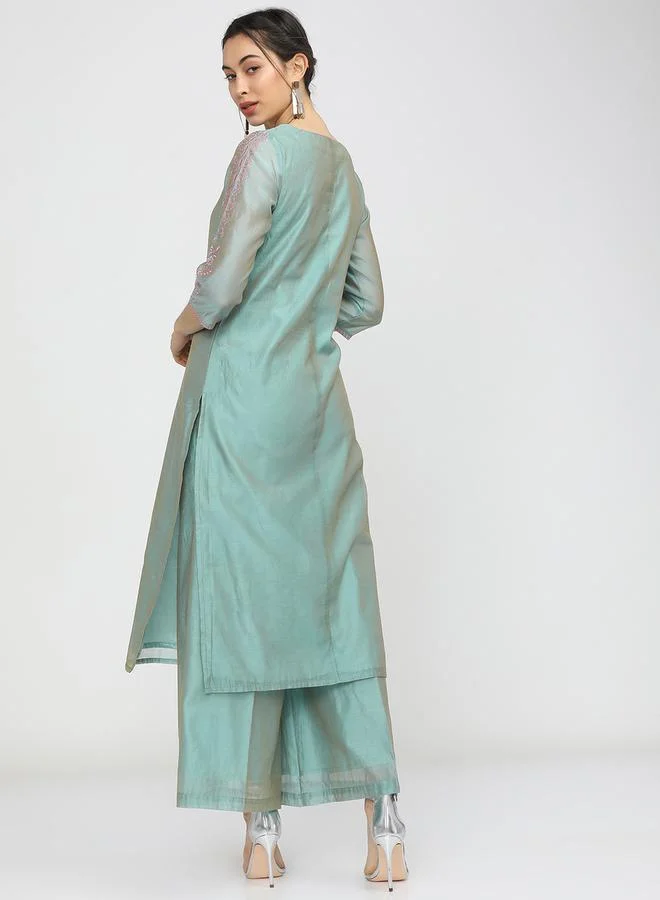 Vishudh Blue Embroidered Chanderi Kurta Set with Pink Dupatta by Styli