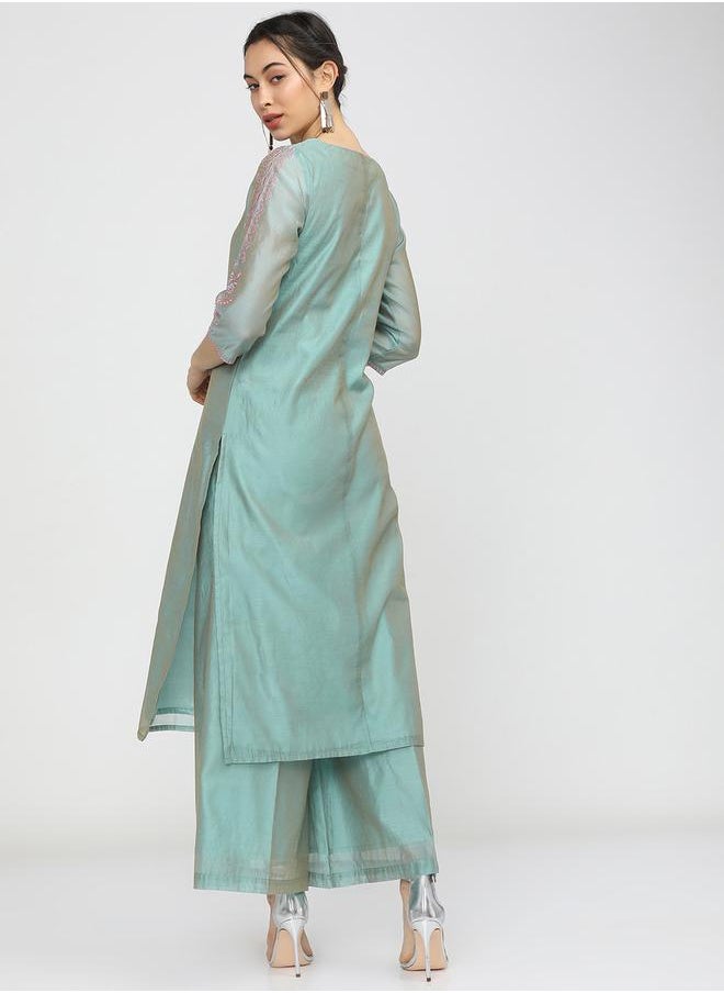 Vishudh Blue Embroidered Chanderi Kurta Set with Pink Dupatta by Styli  - Image 4