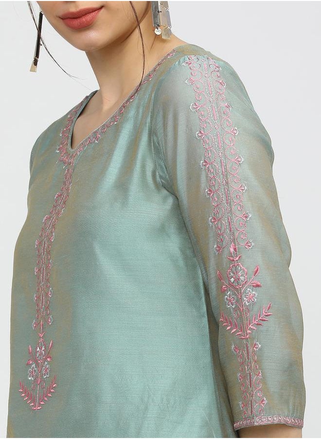 Vishudh Blue Embroidered Chanderi Kurta Set with Pink Dupatta by Styli  - Image 5