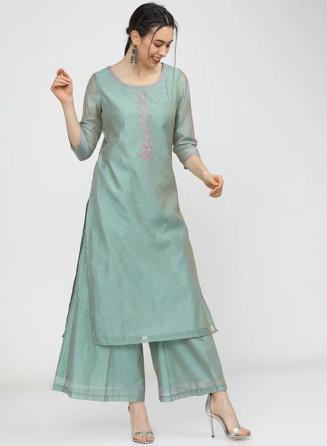 Vishudh Blue Embroidered Chanderi Kurta Set with Pink Dupatta by Styli