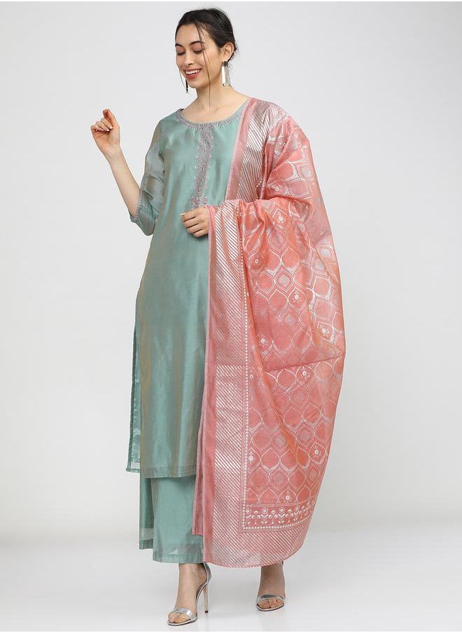 Vishudh Blue Embroidered Chanderi Kurta Set with Pink Dupatta by Styli  - Image 1