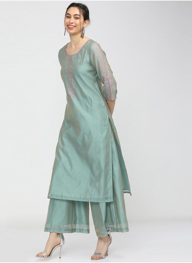 Vishudh Blue Embroidered Chanderi Kurta Set with Pink Dupatta by Styli  - Image 3