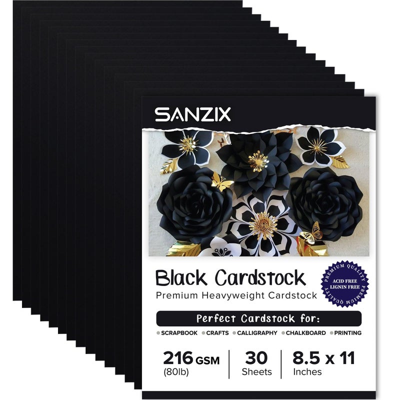 SANZIX 30 Sheets Black Cardstock Paper 85 x 11 80lb216 GSM Heavyweight Printer Paper for DIY Cards Scrapbook Calligraphy Card Stock for Drawing Invitations Menus Halloween Decorations