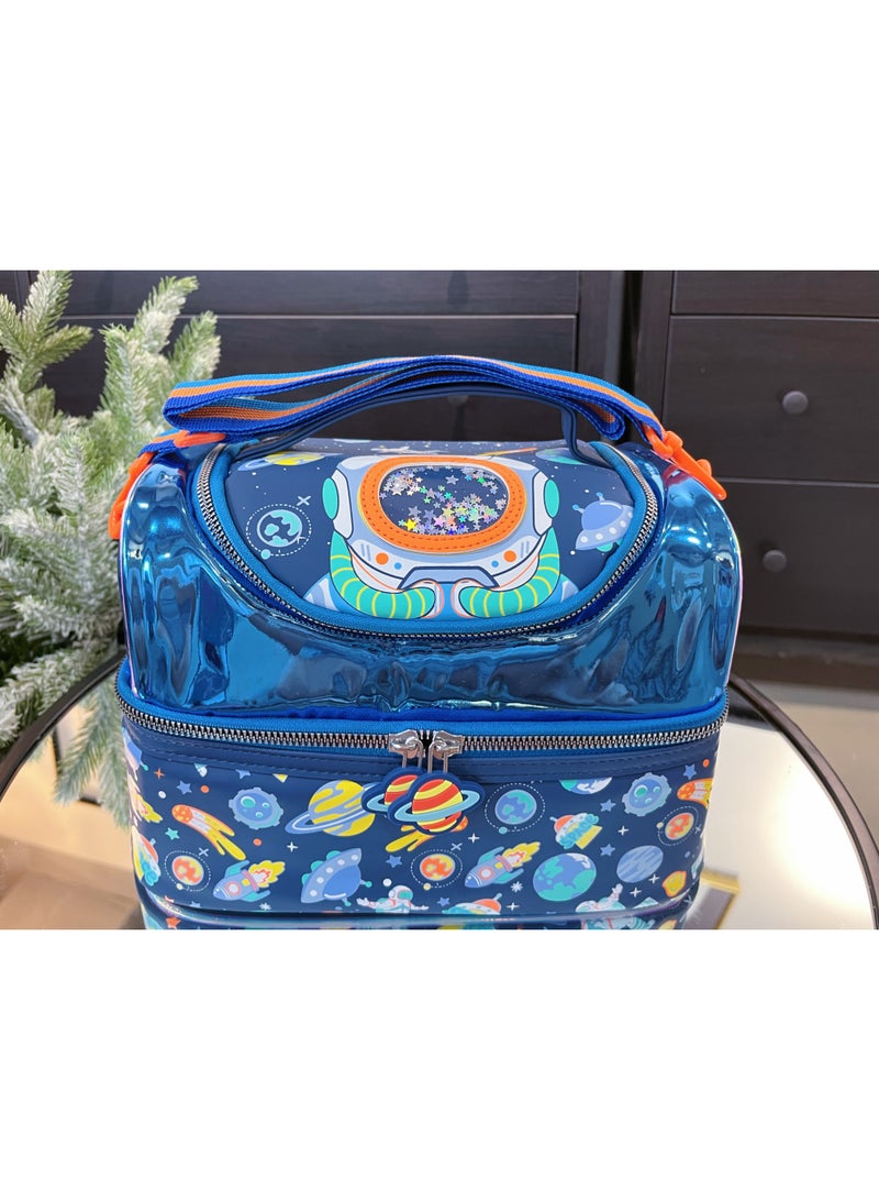Space Astronaut Double Layer Kids Lunch Bag Portable Insulated Waterproof Bento Lunch Bag Kids Lunch Bag 17cm×26.5cm×17.5cm