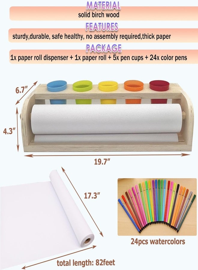 XDONEF Table Top Paper Roll Dispenser with Paper 17.3inx82ft Wooden Tabletop Easel Art Paper Roll for Kids Craft Paper Holder with Pencil and Cups for Coloring Drawing - Image 4