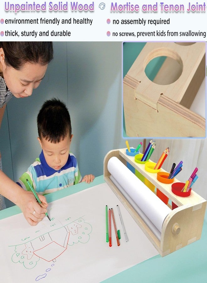 XDONEF Table Top Paper Roll Dispenser with Paper 17.3inx82ft Wooden Tabletop Easel Art Paper Roll for Kids Craft Paper Holder with Pencil and Cups for Coloring Drawing - Image 2