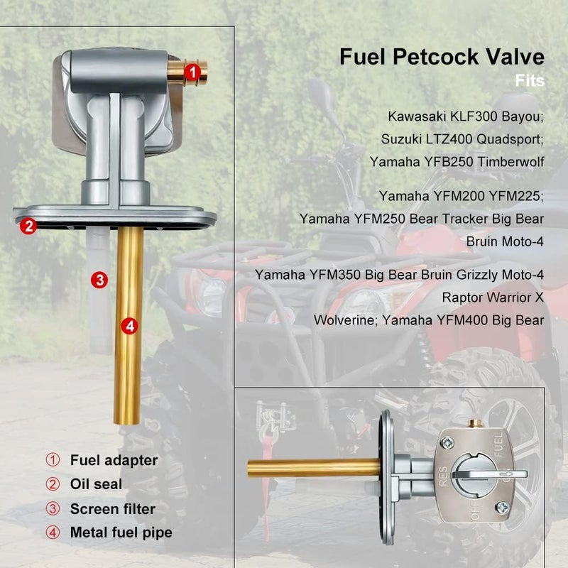 Triumilynn Fuel Petcock Valve Fits Kawasaki Suzuki Yamaha, Bayou 220 250 300 400 KLF220 KLF250 KLF300, Prairie 300 360 400, King Quad 300 LT80 LTZ250, TTR90 TTR125 TTR225 YZ125 YZ250 YFM250 YFM350 and More - Image 2