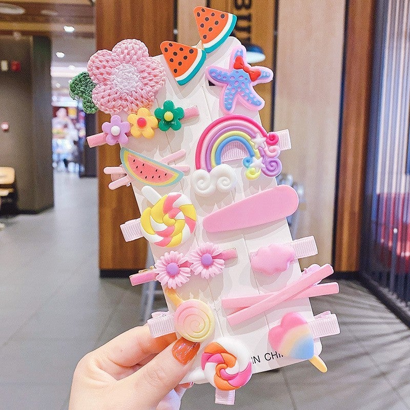 Generic New Childrens Hairpin Set Korean Princess Hairpin Girls Cartoon Hair Accessories Cute Baby Broken Hairpin Wholesale Pink cloth flower hairpin 14 piece set