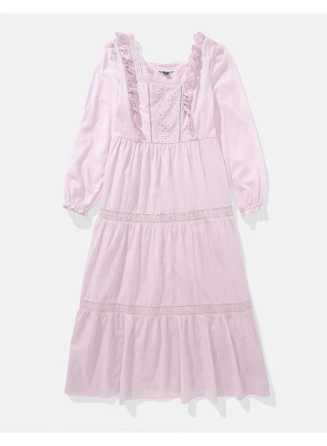 American Eagle AE Long-Sleeve Tiered Embroidered Midi Dress