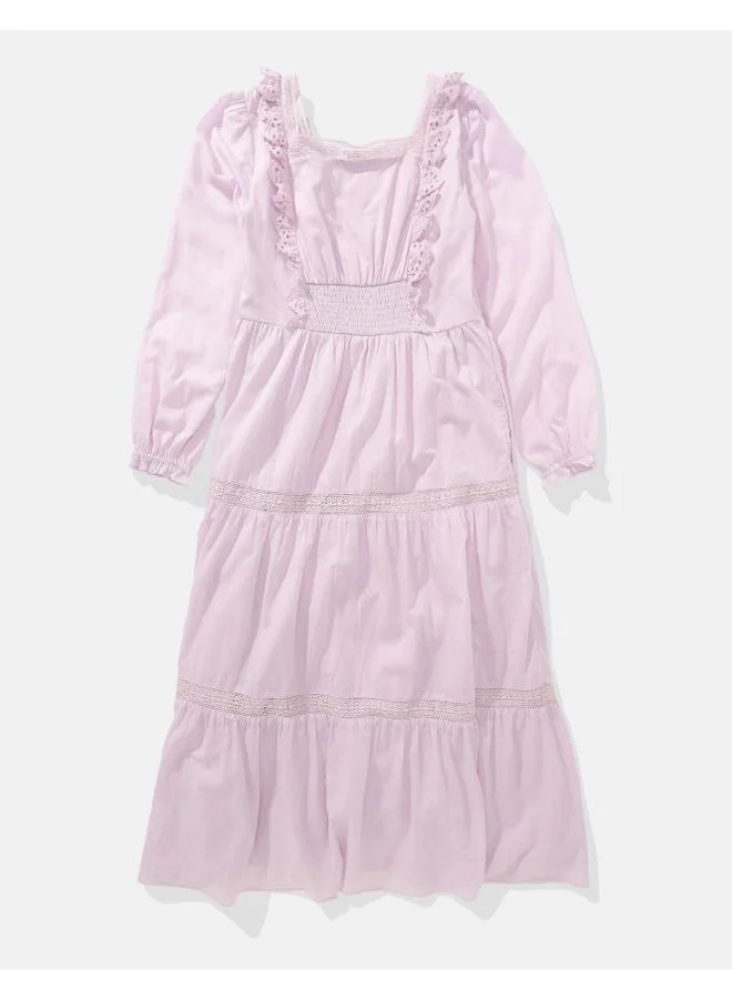 American Eagle AE Long-Sleeve Tiered Embroidered Midi Dress
