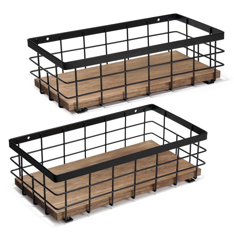 TJMOREE 2Pack Small Metal Wire Basket Decorative Wood Base Organizer for Bathroom Kitchen Basket for Toilet Paper Storage Sugar Packet Coffee Syrup Guest Towel Napkin