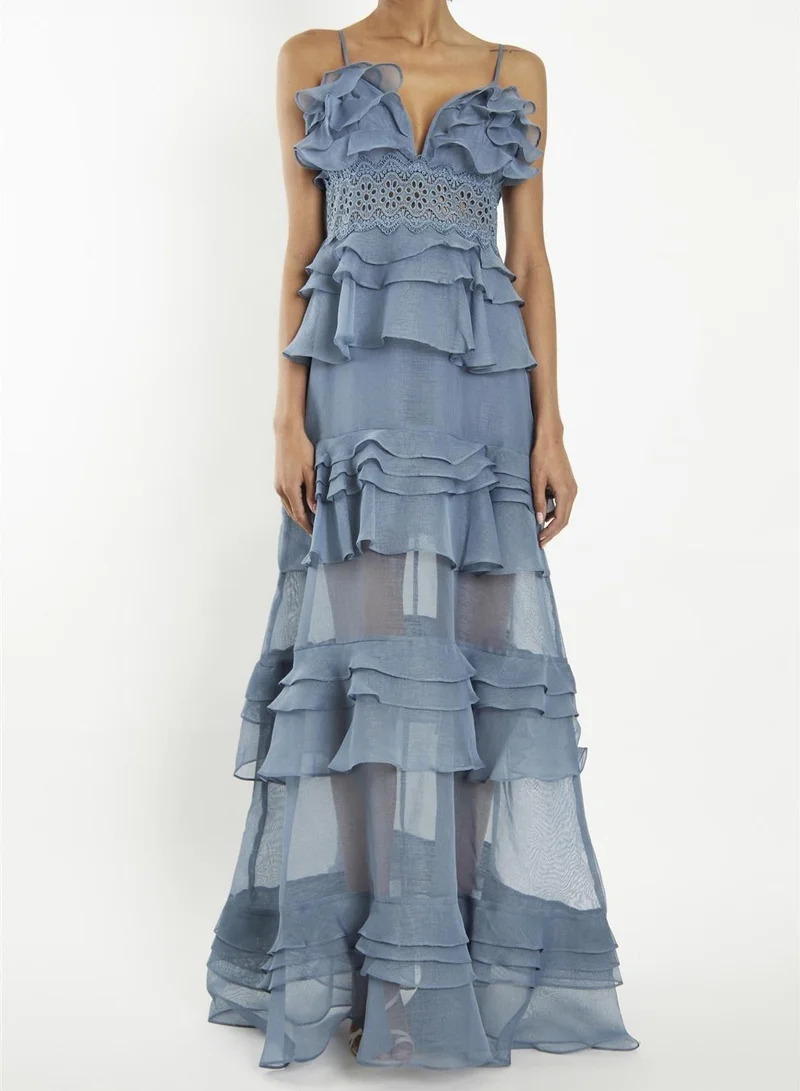 Sophia Mid Steel-Blue Plunge Front Tiered Ruffle Maxi-Dress