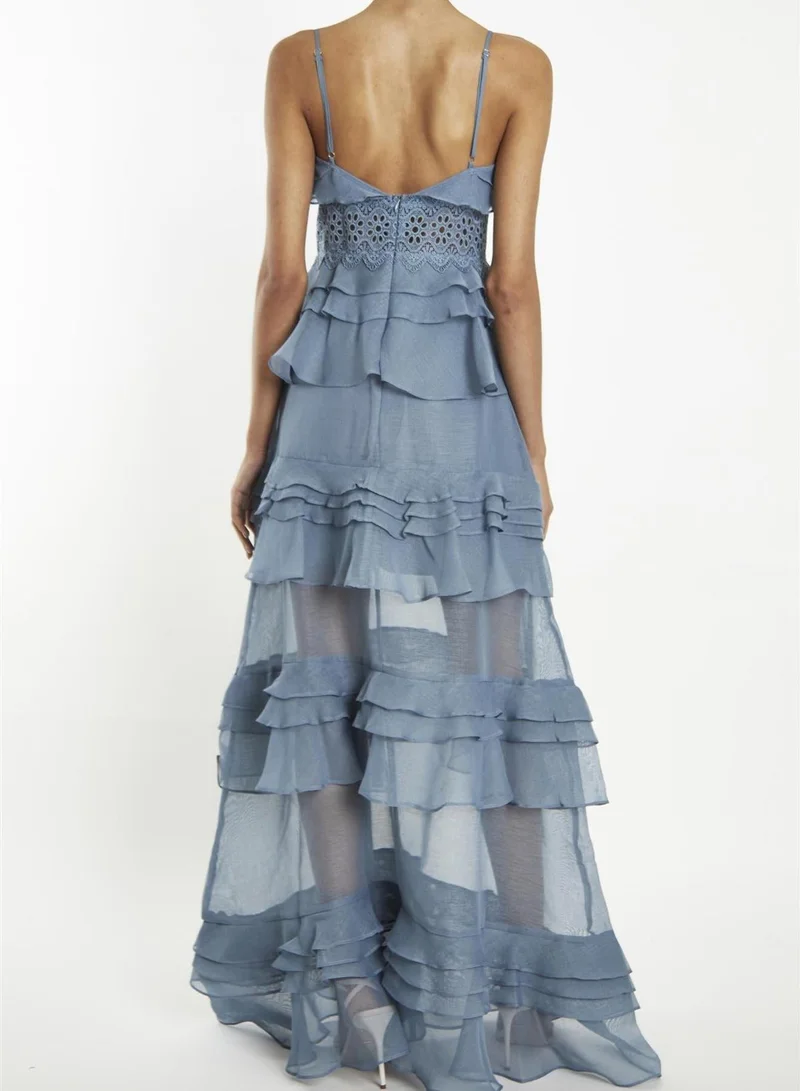 True Decadence  Sophia Mid Steel-Blue Plunge Front Tiered Ruffle Maxi-Dress for Women | Best Price UAE