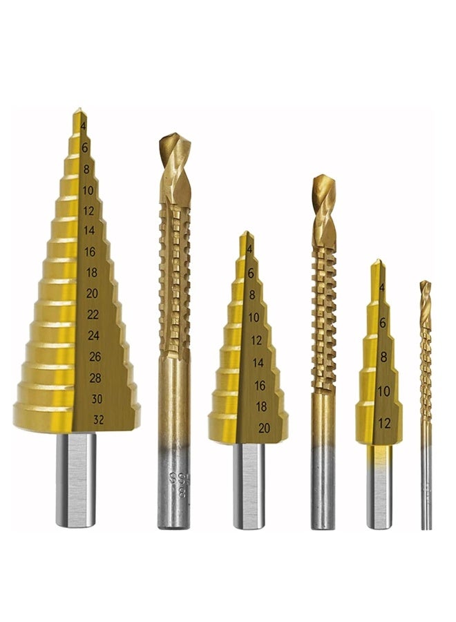6 Pieces Titanium Coated Drill Bit Set 3pc Step Drill Bit 4-12mm 4-20mm 4-32mm 3pc Twist Drill Bit 3mm 6mm 8mm for DIY Plastic Wood Metal Aluminum Copper Drilling - Image 1
