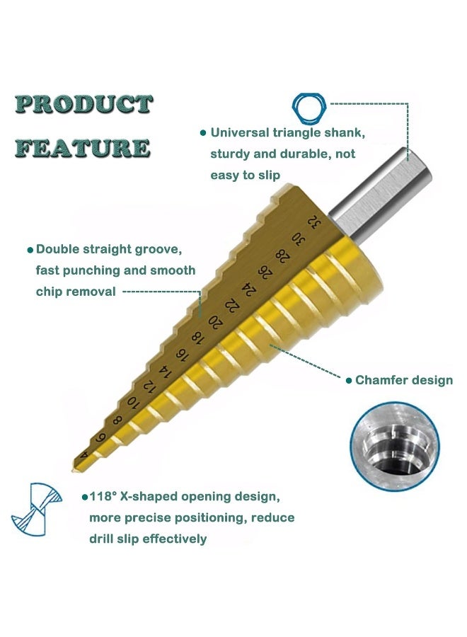 6 Pieces Titanium Coated Drill Bit Set 3pc Step Drill Bit 4-12mm 4-20mm 4-32mm 3pc Twist Drill Bit 3mm 6mm 8mm for DIY Plastic Wood Metal Aluminum Copper Drilling - Image 5