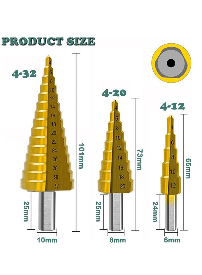 6 Pieces Titanium Coated Drill Bit Set 3pc Step Drill Bit 4-12mm 4-20mm 4-32mm 3pc Twist Drill Bit 3mm 6mm 8mm for DIY Plastic Wood Metal Aluminum Copper Drilling - Image 3