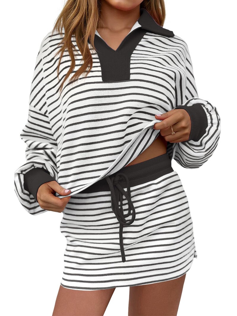 Fisoew Womens Striped 2 Piece Outfits Casual Sweatshirt Skirt Set Long Sleeve Skort Workout Set Matching Lounge Sets - Image 1