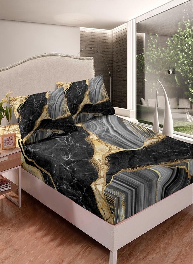 Feelyou طقم ملاءات سرير بتصميم رخامي أسود لامع، طقم ملاءات سرير بتصميم رخامي ذهبي معدني، طقم ملاءات سرير بنقشة رخامية تجريدية، غطاء سرير عصري رمادي وذهبي بخطوط ذهبية، 3 قطع مع 2 غطاء وسادة، مقاس كامل - Image 2