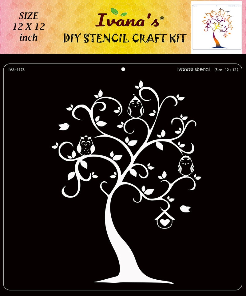 IVANA'S Tree and Branches Stencil for Art & Craft, Reusable DIY Decorative Stencil for Painting on Canvas, Fabric, Cloth, Paper, Glass, Furniture and Wall, Size - 12 x 12 inch, IVS-1178, Off White - Image 1