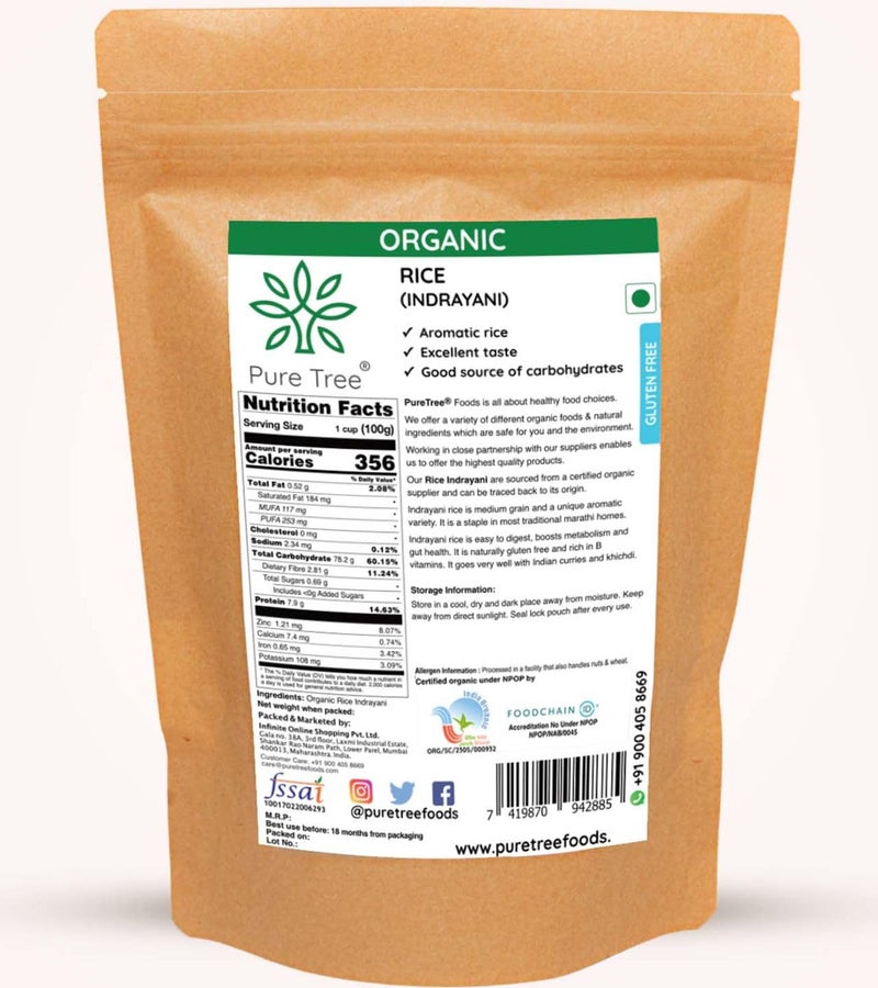 Pure Tree Certified Organic Indrayani Rice (White) | 1.8 Kg / 1800 g | Indrani Chawal | White Rice | Raw Rice Gluten Free Calorie - Image 2