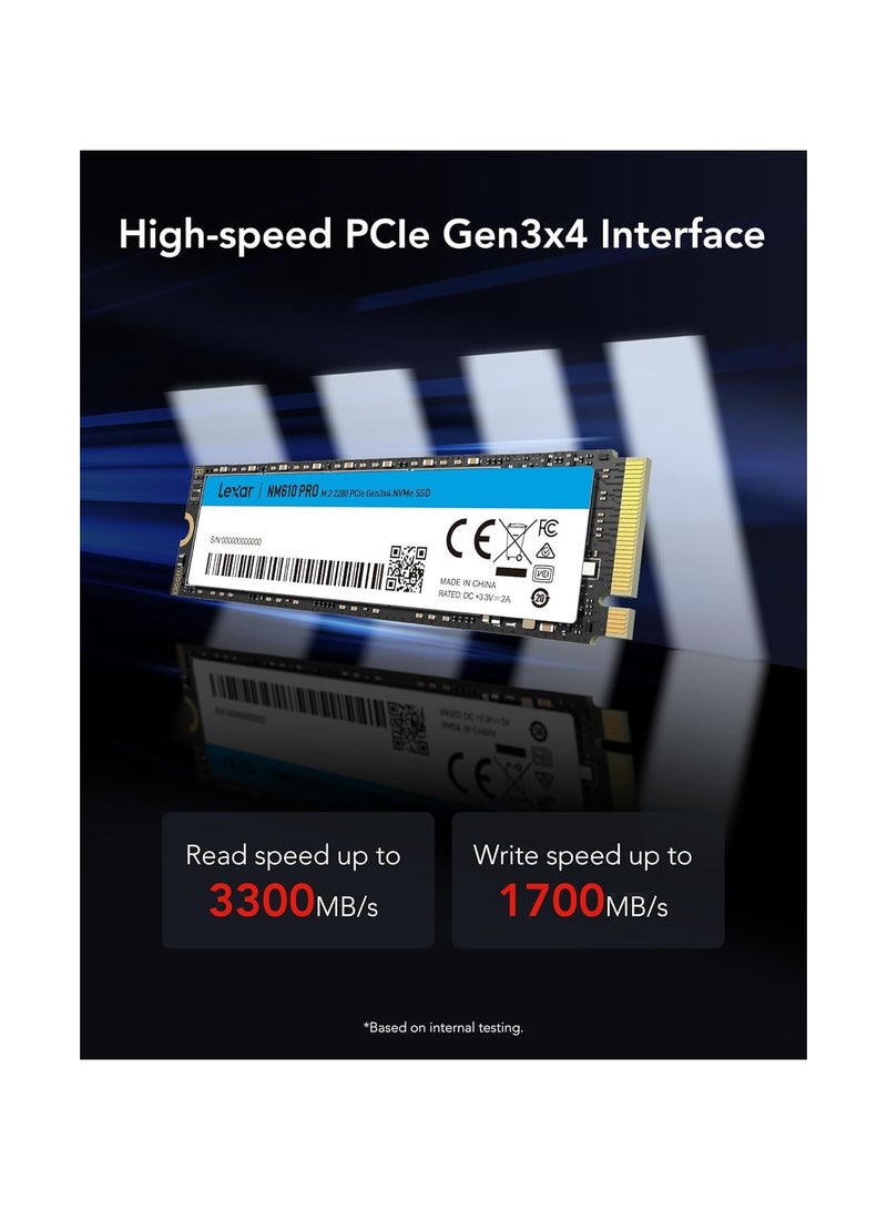 ليكسار قرص صلب داخلي Lexar NM610PRO سعة 500GB، M.2 2280 PCIe Gen3x4 NVMe 1.4، سرعة قراءة تصل إلى 3300MB/s، سرعة كتابة تصل إلى 1700MB/s، أقراص SSD داخلية بتقنية 3D NAND للكمبيوتر المحمول، سطح المكتب، الكمبيوتر - Image 2