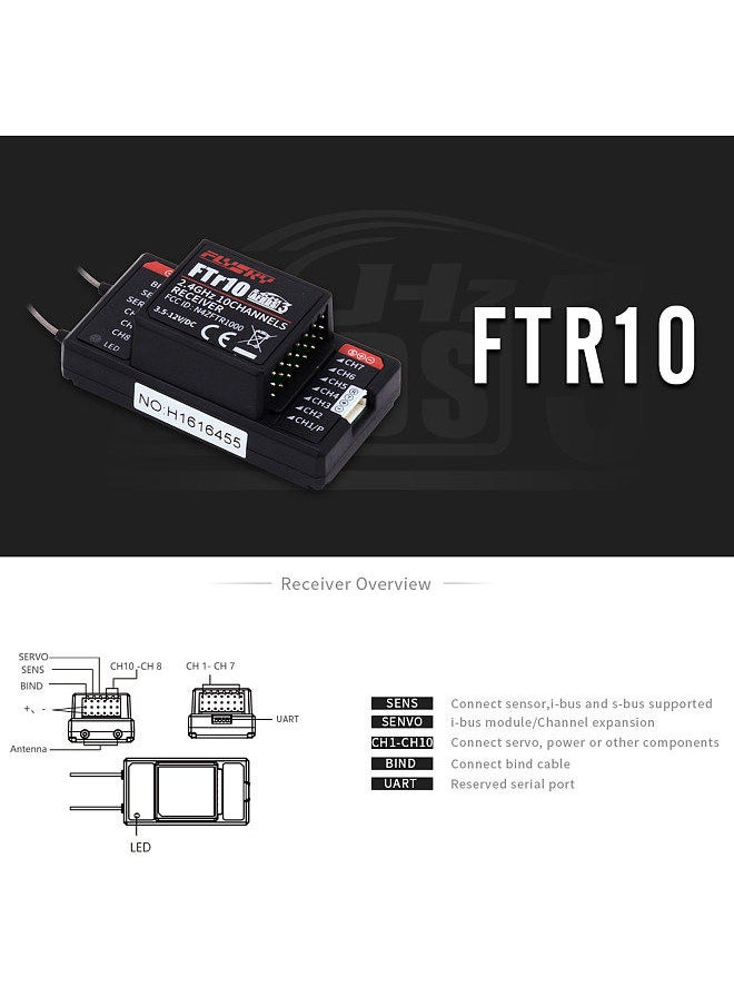 FlySky FTR10 2.4G 10CH AFHDS 3 RC Receiver Dual Antenna Support i-BUS/S-BUS/PPM Output for PL18 Transmitter RC Drone Airplane Helicopter