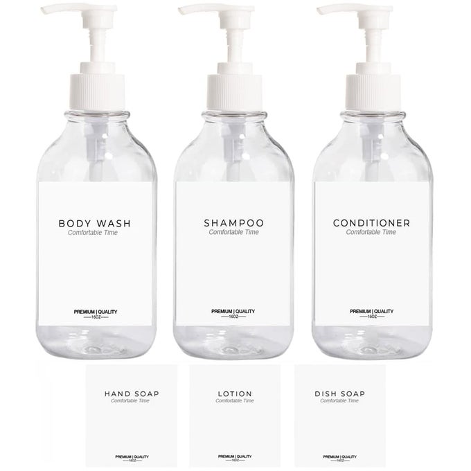 3 PACK OF SHAMPOO AND CONDITIONER BOTTLES APOTHECARY DISPENSER BOTTLE FOR BATHROOM AND KITCHEN REFILLABLE SHAMPOO BOTTLES FOR SHAMPOO LOTION OIL SHOWER SOAP HAND SOAP AND DISH SOAP CLEAR