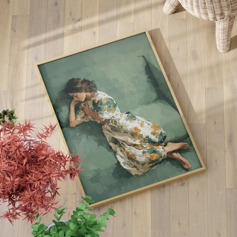 TNESSENTIAL Floral Abstract Woman on Sofa Wall Art Poster or Canvas Print, Woman Sleeping Sage Green Watercolor Painting Print, Modern Minimalist Decor - Image 1