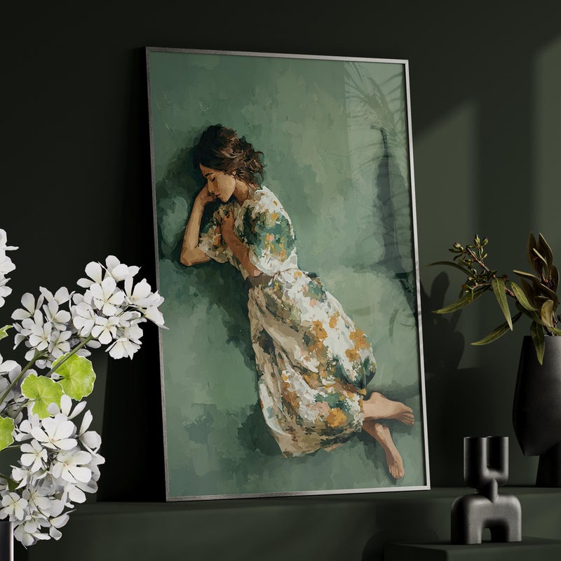 TNESSENTIAL Floral Abstract Woman on Sofa Wall Art Poster or Canvas Print, Woman Sleeping Sage Green Watercolor Painting Print, Modern Minimalist Decor - Image 3