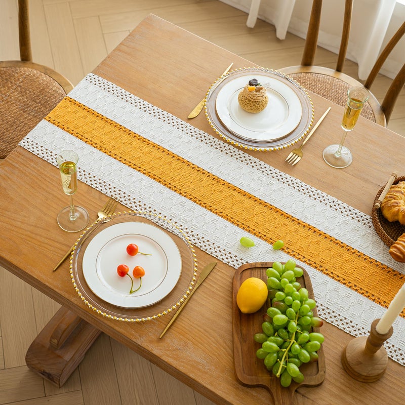 FEXIA Boho Table Runner for Fall Home Decor with Tassels 72 Inches Long Farmhouse Yellow Rustic Table Runner Macrame Burlap Table Decoration for Living Room Bridal Shower(12x72 Inches) - Image 5
