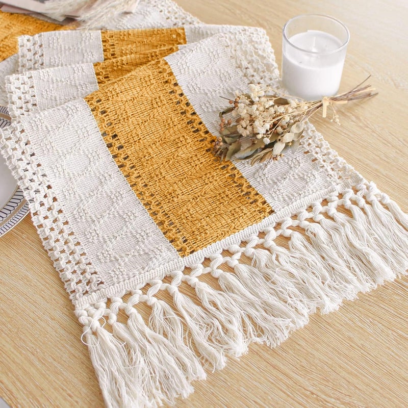 FEXIA Boho Table Runner for Fall Home Decor with Tassels 72 Inches Long Farmhouse Yellow Rustic Table Runner Macrame Burlap Table Decoration for Living Room Bridal Shower(12x72 Inches) - Image 1