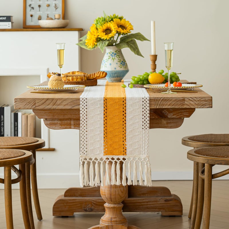 FEXIA Boho Table Runner for Fall Home Decor with Tassels 72 Inches Long Farmhouse Yellow Rustic Table Runner Macrame Burlap Table Decoration for Living Room Bridal Shower(12x72 Inches) - Image 2