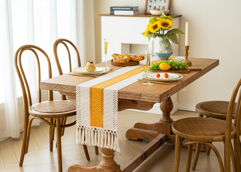 FEXIA Boho Table Runner for Fall Home Decor with Tassels 72 Inches Long Farmhouse Yellow Rustic Table Runner Macrame Burlap Table Decoration for Living Room Bridal Shower(12x72 Inches) - Image 4