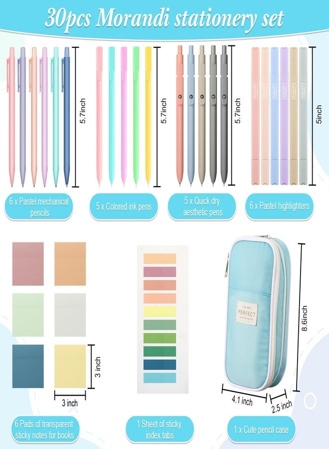 Lincia 30 Pcs Aesthetic School Supplies with Pencil Case 6 Mechanical Pencil 5 Ballpoint Pen 5 Quick Dry Pen 6 Pastel Highlighter Transparent Sticky Index Tab for Student Stationary Essentials(Blue) - Image 3